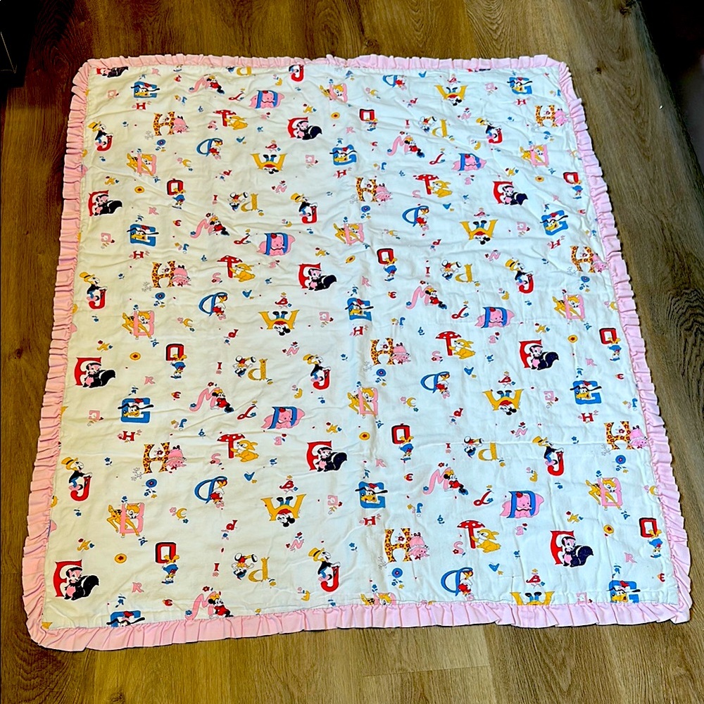 Vintage DISNEY Alphabet Baby Quilt with Pink Ruffle Trim 100% Cotton 38” X 46”